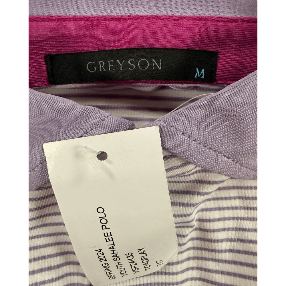 NWT Greyson Youth‎ Polo Shirt Boys Medium Purple Stripe Golf Performance Stretch